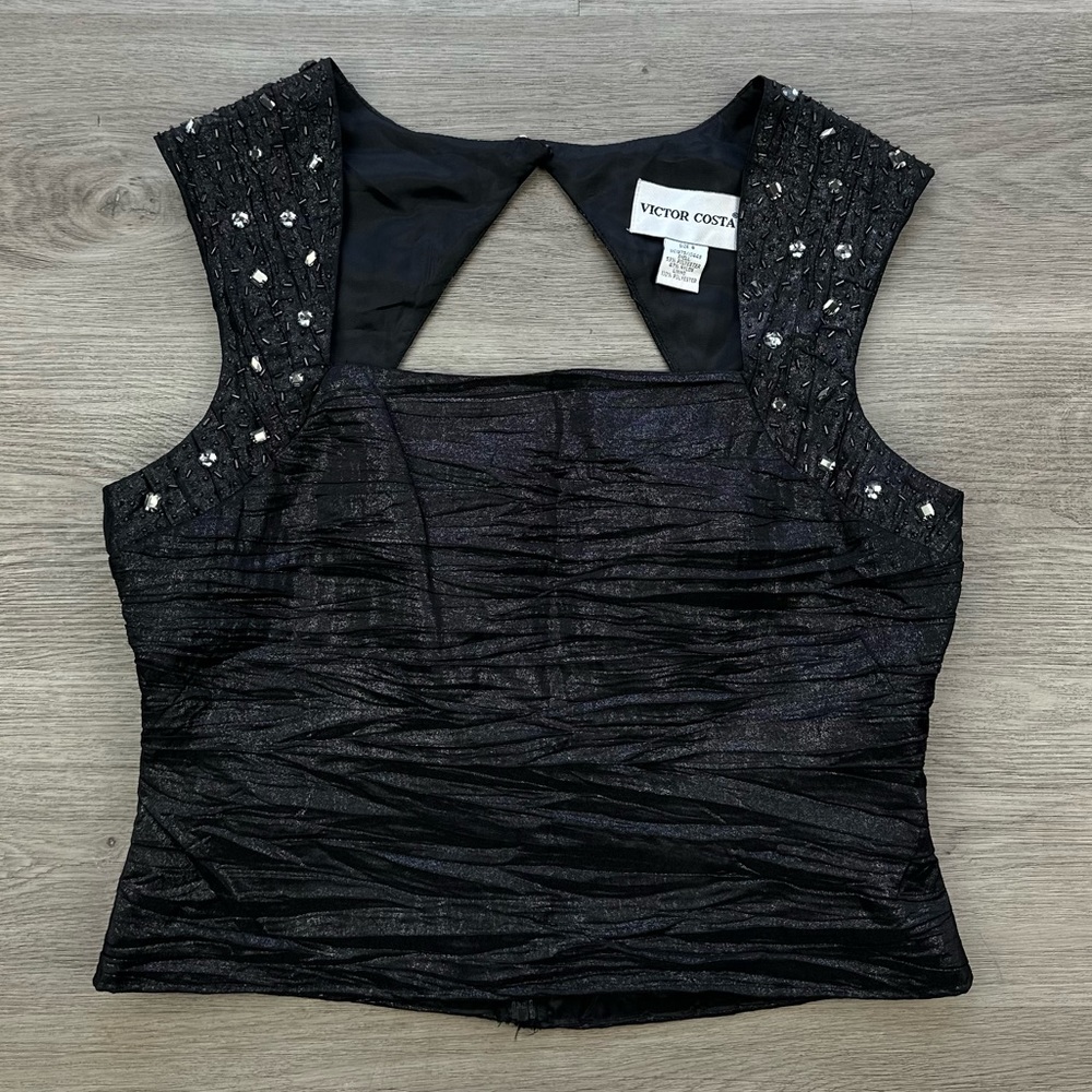 Vintage Victor Costa Black Rhinestone Beaded Sleeveless Crop Top Size 8 Medium